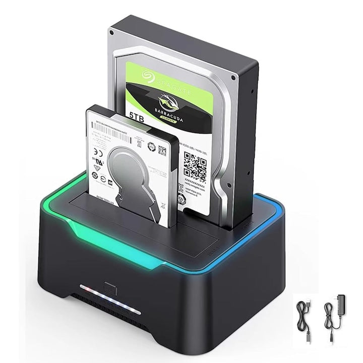 Statie de andocare RGB duala pentru HDD/SSD SATA 2.5/3.5 inch 2 bay USB 3.0 functie de clonare 5Gbps pana la 20TB/slot OUYLAF Negru