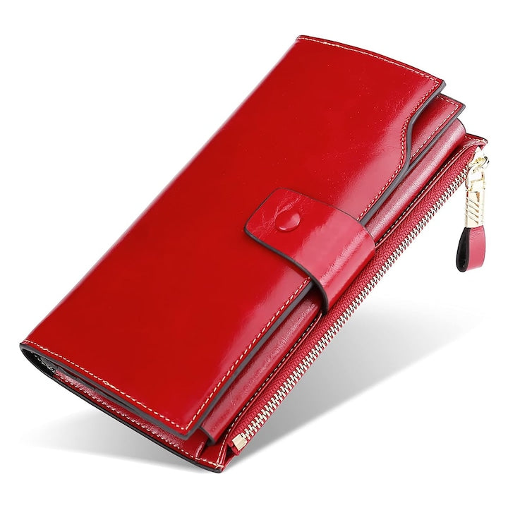 Axroad Mall - Portofel dama Cu blocare RFID Moale si neteda Capacitate mare Impermeabil si rezistent la uzura Cu fermoar Design cu compartimente multiple Pentru cumparaturi si calatorii Piele 10 x 2.5 x 19cm Rosu 12 rate cu 0% dobândă