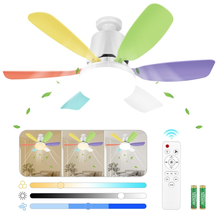 Ventilator tavan cu iluminare LED BYLIFITY G5482 Silentios Motor E26/E27 Lumina Naturala/Rece/Calda 3000K-6500K Intensitate Reglabila Telecomanda 3 viteze Timer Pale Ventilator Detasabile Multicolor