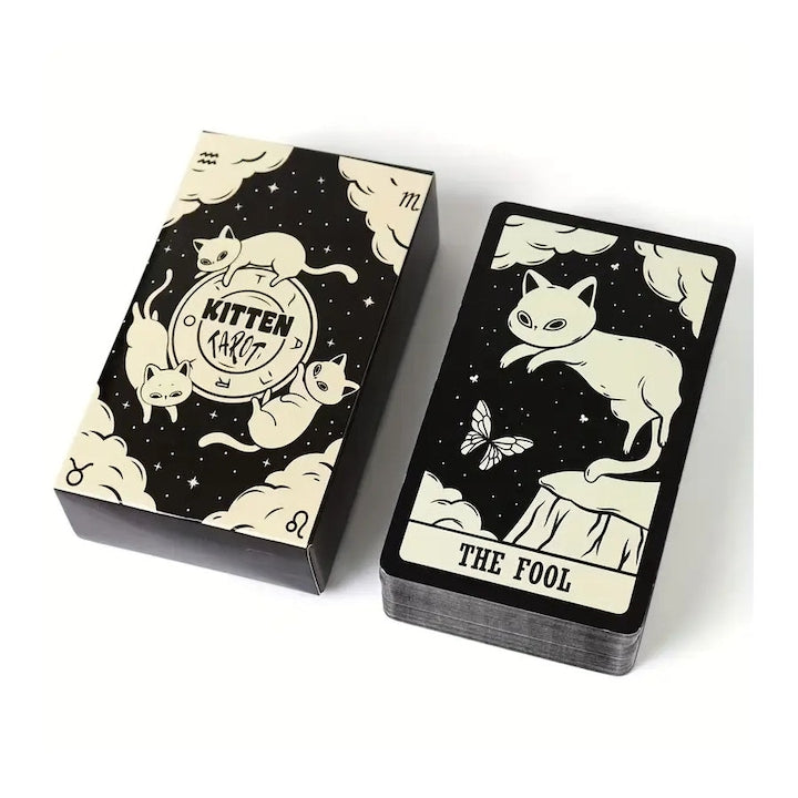 Carti Tarot KITTEN cu tematica pisici editie in limba engleza 78 carti 10 x 6 cm OUYLAF Alb/negru