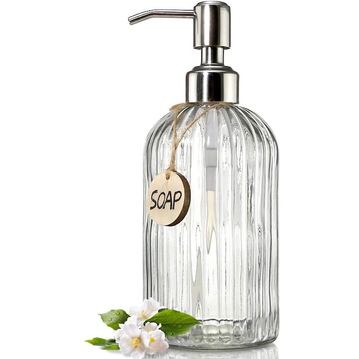 Rqiurpn Liquid Soap Dispenser, Stainless Steel Pump, Glass, 7.6 x 20 cm, Transparent, 420ml