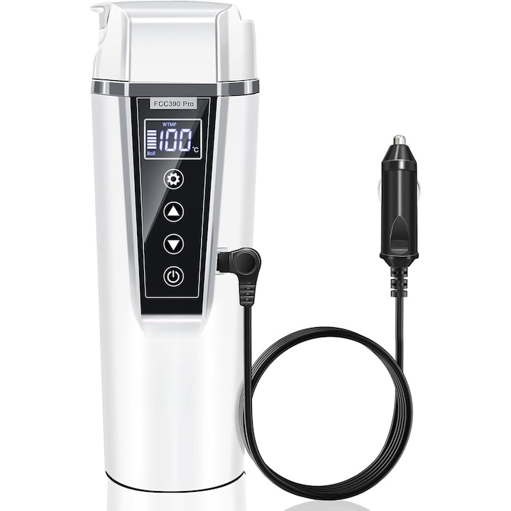 Fierbator Electric Auto Portabil 12V/24V Incalzitor de cafea auto Fierbere Rapida Anti-Scurgere 450 ml Mentinere Temperatura Afisaj temperatura atingere inteligenta cafea lapte Pentru Calatorii Alb