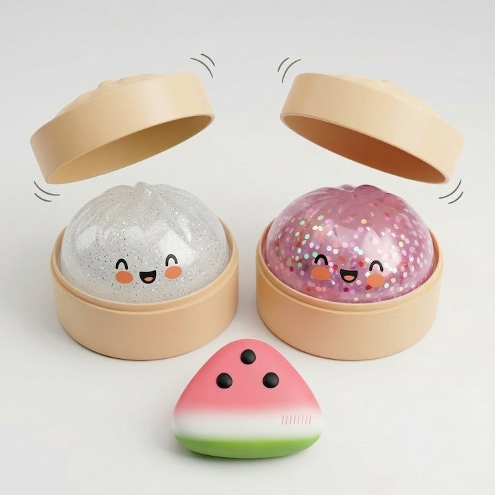 Set 3 Bucati Galuste Squishy Jucarie Senzoriala Antistres cu Cosulet Bambus Rebound Lent Soft Squishy Watermelon Stress Relief Toy alb roz Model cu sclipici + Eficient pentru combaterea stresului