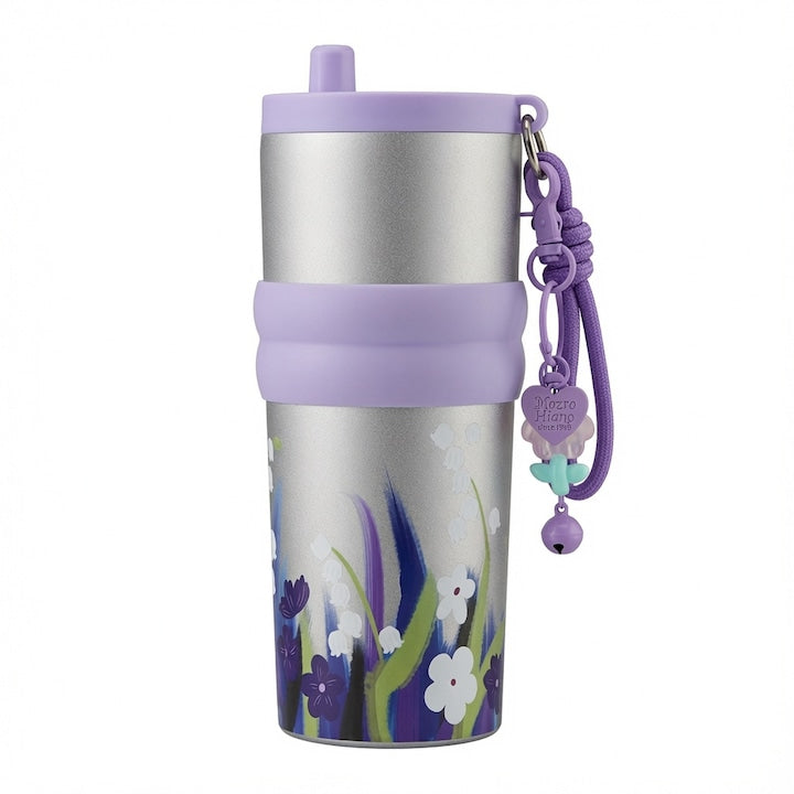 Portable Thermal Mug, 316 Stainless Steel Thermal Mug with Straw, 700ml, Vacuum Insulated, Handle and Ribbon, Leak-Proof, Violet Floral Design on Grey