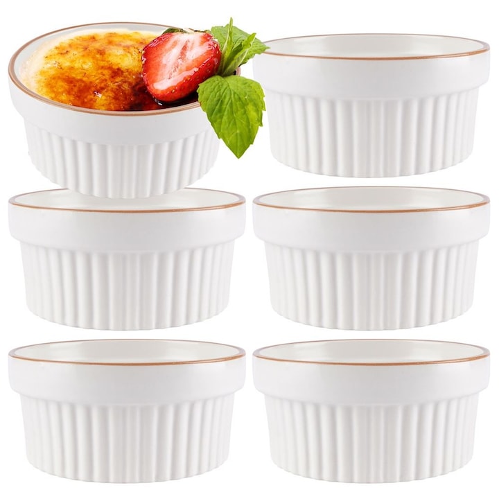 Set De Boluri De Gatit Excellent Houseware Portelan Alb Cu Margine Bej 6 Bucati 11 cm 275 ml Rezistente La Caldura Universale Pentru Cuptor Si Microunde