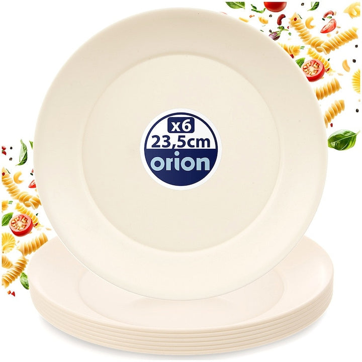 Set of 6 Dinner Plates for Main Course, Orion, Sandy, Mechanical Shock Resistant, 23.5 cm, Cream, Durable Premium Food-Grade Plastic, Ideal for Daily Serving, Picnics, and Gardens, Microwave and Dishwasher Safe