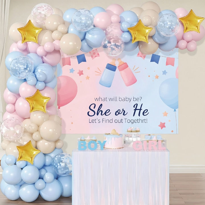 Set Baloane Gender Reveal 105 Piese Roz Albastru Galben - Fundal Tematic 5 Stele Aurii Arcada Baloane + Kit Complet