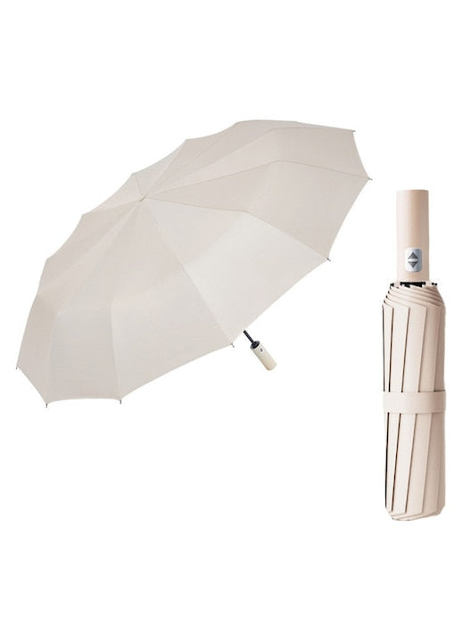Large foldable umbrella, 24 strong ribs, windproof, strong UV protection, automatic open, automatic close, 118cm diameter, 405g, suitable for rain or sun, 1-2 people, beige
