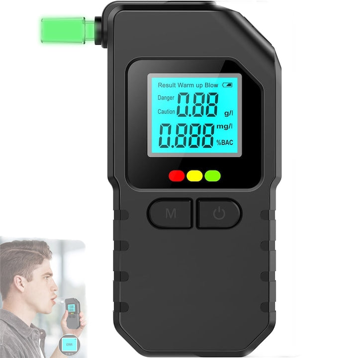 Alcool Tester Digital SANSES Etilotest Profesional Portabil Functie de Memorare Senzori de Inalta Precizie Acuratete +/- 0.01% BAC Calibrare Automata Recunoastere Suflat Fals Analiza Rapida Display Digital LCD Negru
