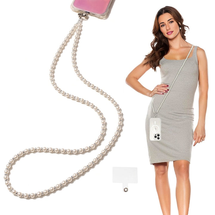 Snur Telefon Lung cu Perle Albe si Cristale Colorate 120 cm Elegant Stralucitor Universal