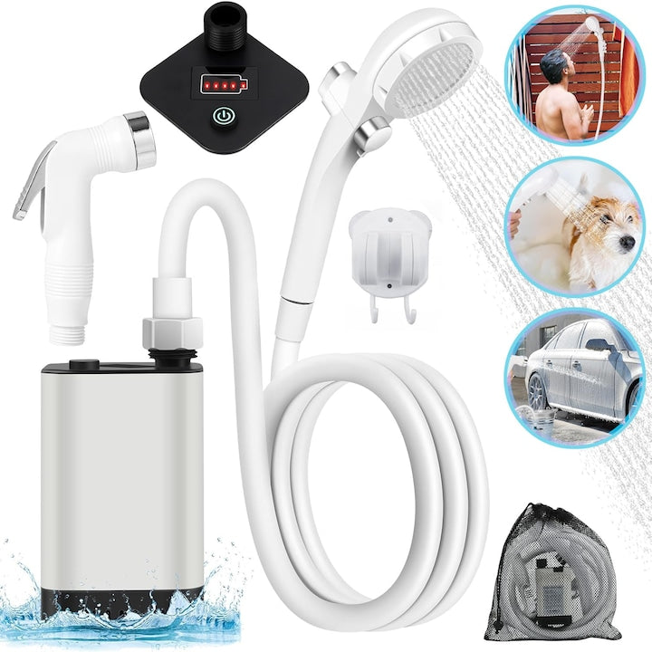 Portable Camping Shower, 5200mAh Outdoor Electric Shower, Rechargeable Shower Pump with Shower Head, IP68 Waterproof, Water Pump for Hiking, Washing, Bike Washing, Car Washing