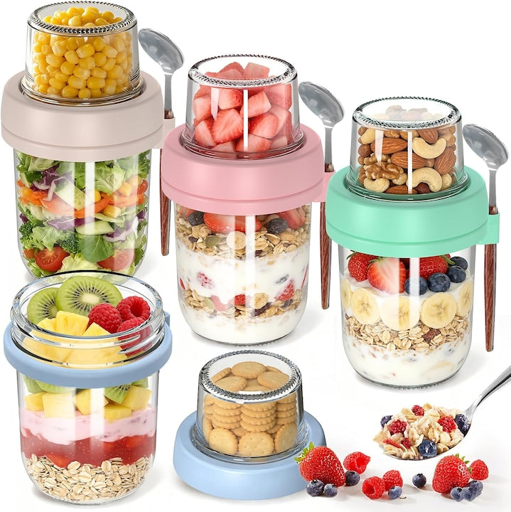 Set 4 Borcane Mason pentru Ovaz Swejah 600ml/20oz Sticla Doua Straturi Separare Uscat si Umed cu Capac Emetic si Lingurita Ideal pentru Iaurt Sosuri Salate Dulceata Condimente Zahar Cafea Multicolor