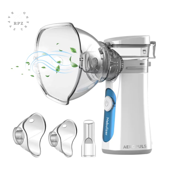 Aparat aerosoli Nebulizator portabil ultrasonic Tehnologie Mesh 0.4ml/min Ultra Silentios Masca Adulti si Copii pentru alergii viroze bronsite raceli astm non-alergic Culoare alb AeroPuls