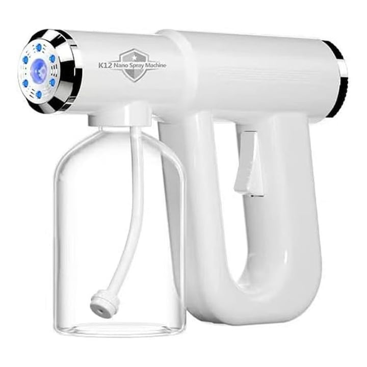 Spray Atomizor Dezinfectant Fogger Rqiurpn Functie de Atomizare Nano Cu Lumina Antibacteriana Albastra Alimentare USB Fara fir Rezervor 300ml Baterie 1500 mAh Durata Functionare 90 de Minute Pulverizare Reglabila Alb