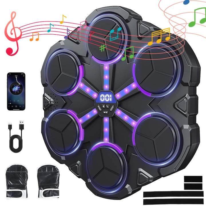 Juksun Box Punch Target, Built-in Speaker, Bluetooth Connection, 9 Modes, 9 Speeds, Bluetooth Connection, ABS, Charging and Gloves Included - Suitable for Adults and Children, 34*31.5*4cm, Black