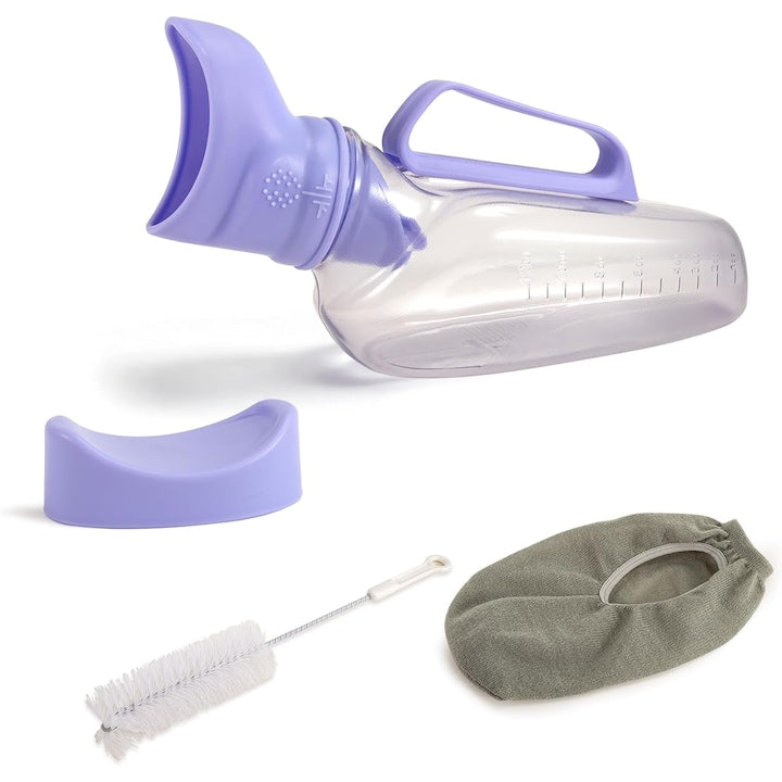 Pisoar portabil Walalla 1200 ml cu palnie din cauciuc moale si capac etans. Designul ergonomic include perie de curatare si husa din panza. Potrivit pentru utilizare langa pat in aer liber sau pentru persoanele cu mobilitate redusa