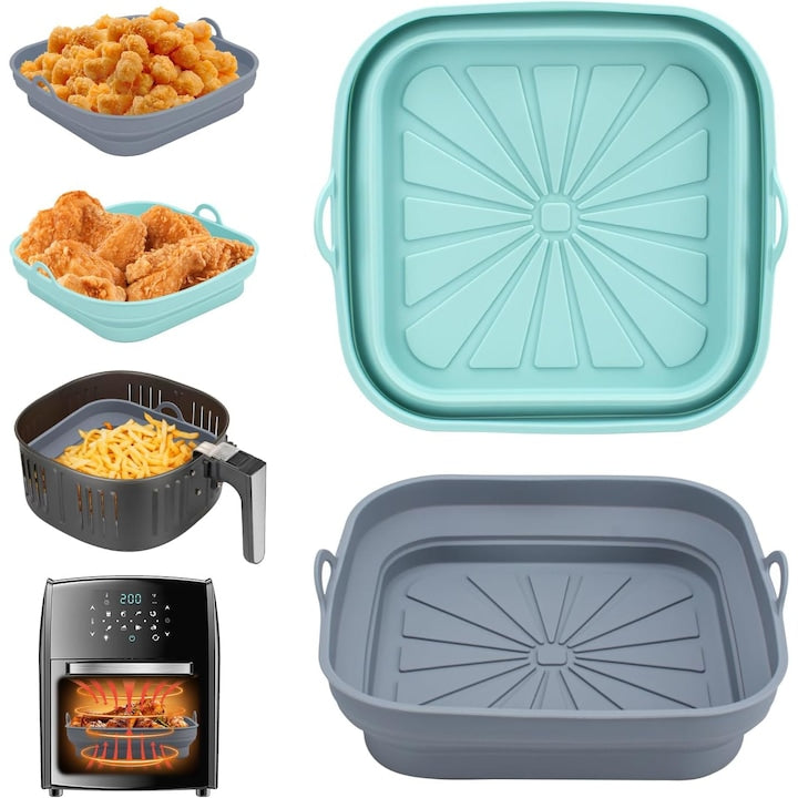 Set 2 oala de silicon pentru friteuza de aer accesorii copt airfryer calitate superioara fara BPA termorezistent 21.5cm pliabil reutilizabil Gri/Albastru