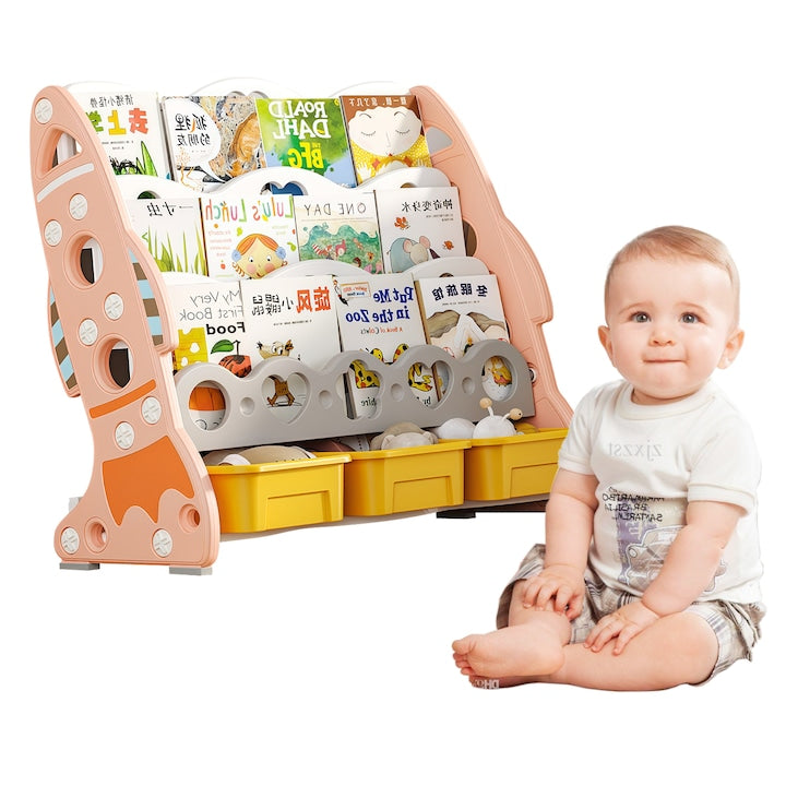 Raft de Carti pentru Copii Wacorresi Raft pentru carti Copii Organizator de jucarii si carti pentru copii multifunctional 4 niveluri 56x55x25cm roz