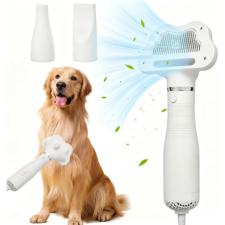 Uscator de Par Animale 3 in 1 Alb – Aer Cald si Rece Perie de Uscare + 2 Duze 3 Trepte Temperatura Calitate Salon pentru Caini si Pisici