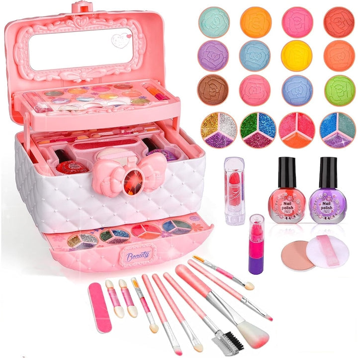 Set Machiaj pentru Fete Multicolor cu Geanta de Transport cu 40 de elemente pentru make-up pentru fetite de 3 4 5 6 7 8 9 ani
