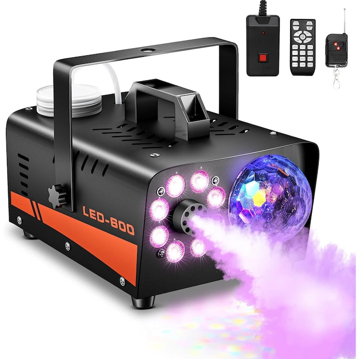 Masina de ceata de mare putere de 600W cu glob disco si lumini LED de petrecere in 13 culori | Telecomanda wireless 2500CFM | Perfecta pentru scene de DJ nunti si Halloween