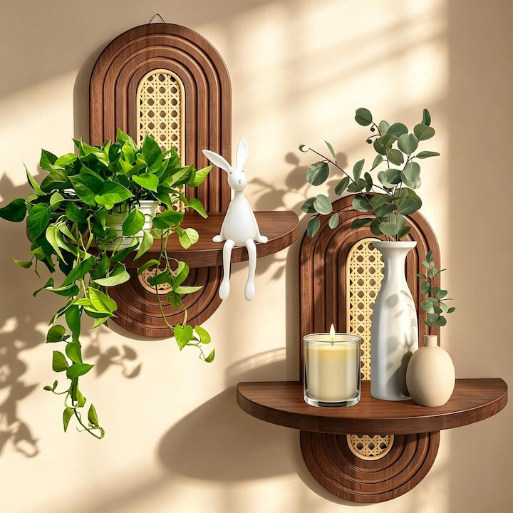 Set 2 Rafturi Suspendate Swejah Lemn Boho Ratan Polite Decorative de Perete 37*30cm pentru Dormitor Living Camera Bebelusului si Birou de Acasa Suport Decorativ pentru Carti si Plante Nuc