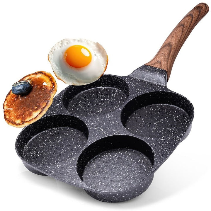 Tigaie Pentru Oua Granit Vilde Black&Wood 19x19 cm 4 Orificii Strat Antiaderent Din Granit Maner Din Lemn Compatibila Cu Diferite Tipuri De Plite Usor De Curatat Potrivita Pentru Masina De Spalat Vase Negru