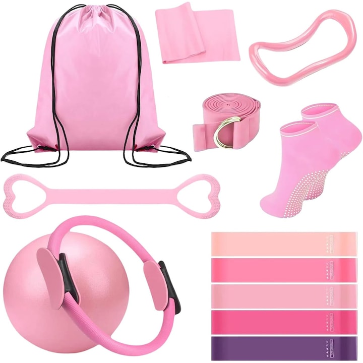 Set de echipamente Pilates WALALLA Set cu 13 piese include bandaj Pilates banda de rezistenta minge de yoga Potrivit pentru exercitii acasa modelare corporala fitness roz