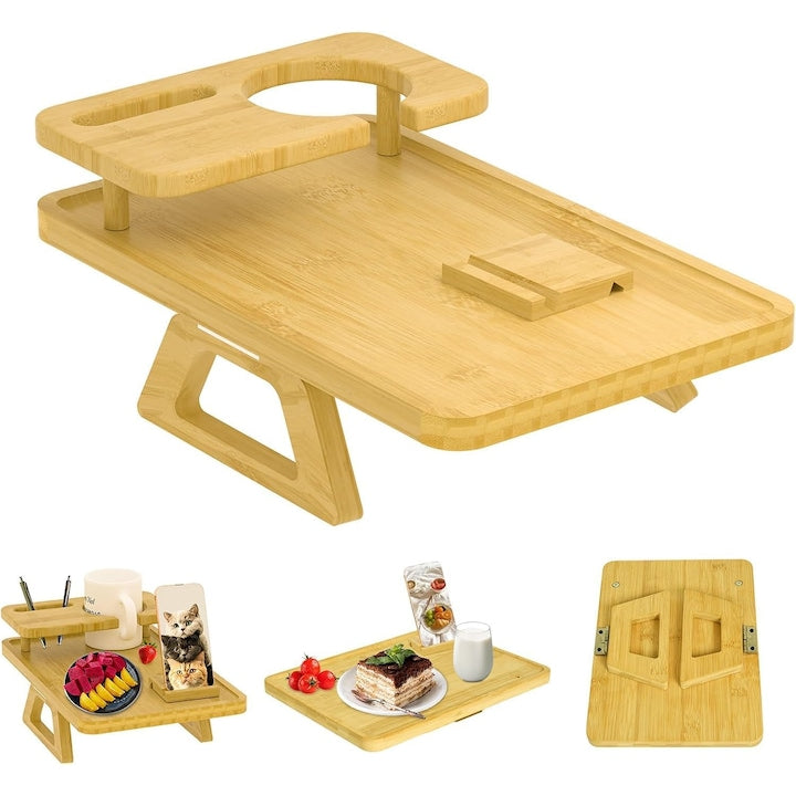 Tava 3 in 1 pentru cotiera canapea WALALLA tava multifunctionala cu clipsare antiderapanta/pliabila cu suport pentru pahare pentru bauturi gustari telecomenzi reviste potrivita pentru canapele si fotolii bambus 35 x 25 x 10cm maro