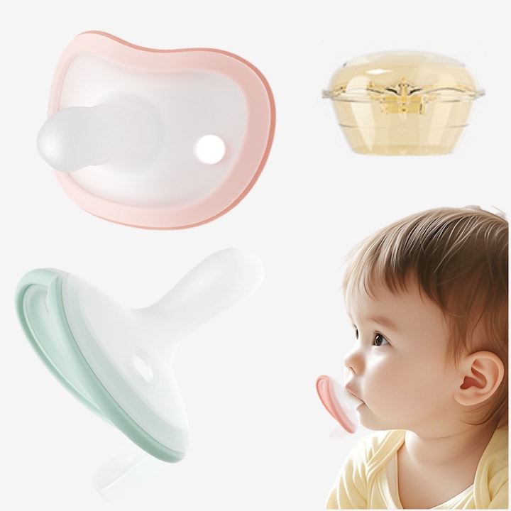Set 2 Suzete Fantasy Model Zi si Noapte cu Cutie de Depozitare 1-6 luni Silicon lichid Fara BPA Fantasy Imitarea laptelui matern si a degetului mare Prevenirea varsaturilor si a sufocarii Portocaliu si verde