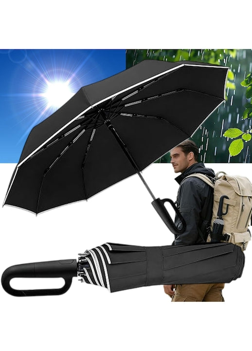 Umbrela de Lux Pliabila Automata Swejah 106 cm UPF50+ cu Maner Tip Carabina si Banda Reflectorizanta 10 Oase Protectie UV/Vant/Ploaie Deschidere Automata 39*7cm 480g Negru