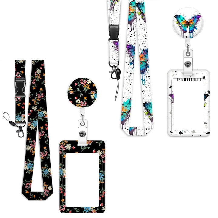 Set of 2 ID Card Holders, "Fantasy", With Clip Holder, Butterfly and Floral Shapes, Portable, For Office Workers, Teachers, Students, ABS, 6.9 x 11cm