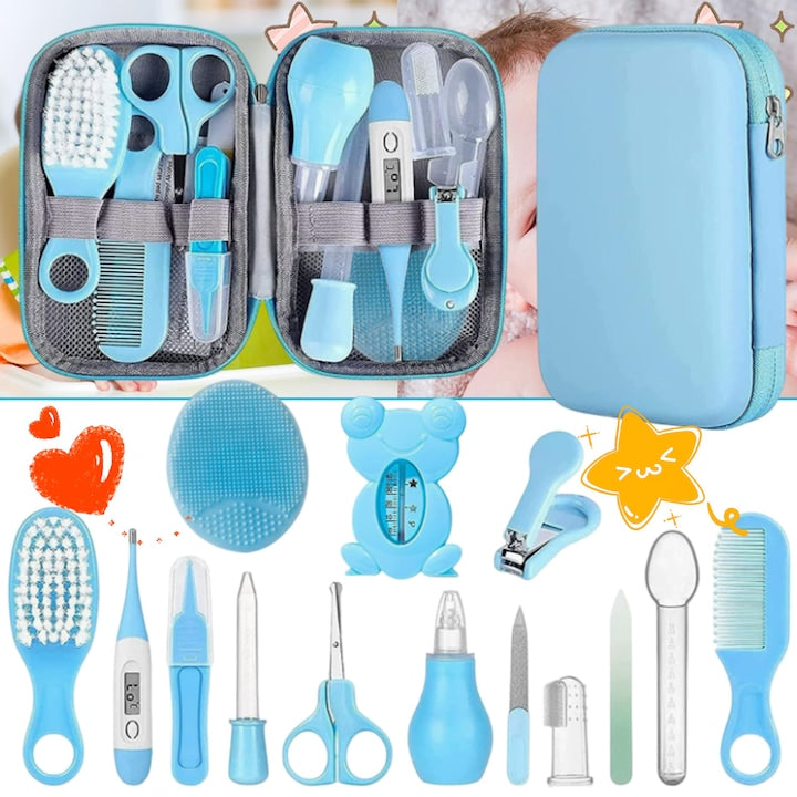 Set de Ingrijire Bebelusi si Copii 14-in-1 Accesorii Swejah Portabil Non-Toxic Trimmer de Unghii Termometru Vid de Nas Foarfeca Perie de Par si Perie Perie de Dinti de Silicon Usor de Folosit si Curatat ABS Albastru