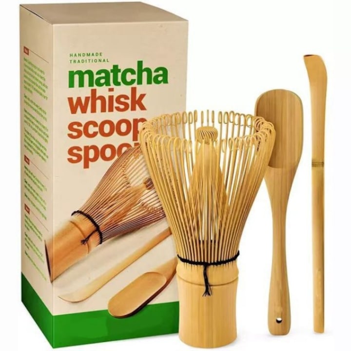 Set 3 Accesorii Matcha,Matura Chasen Spatula Chashaku Lingura,100% bambus Repetabil si usor de curatat Pentru prepararea ceaiului matcha Maro