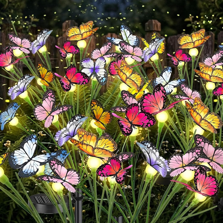 Set 2 Lampa Solara Gradina Swejah IP65 76cm Fluturi cu Frunze 2 Moduri 8 LED (16 LED in Total) Plastic Lumina Calda 10-12h pentru Decoratiuni Gradina Curte Terasa Alee Multicolor