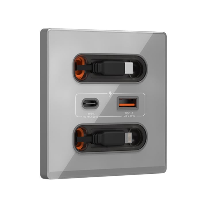Priza de perete cu incarcare rapida 20W cabluri retractabile 0.8 m USB-C si Lightning porturi USB-A si Type-C rama din sticla OUYLAF Gri