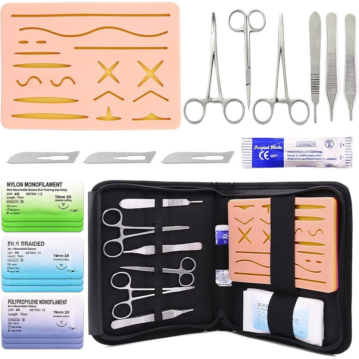 Kit pentru antrenament suturi chirurgicale 20 piese cu 6 instrumente chirurgicale 9 fire de sutura 3 lame de bisturiu 1 mulaj de sutura 1 cutie portabila de depozitare simulare a abilitatilor pentru studenti la medicina profesionistii medicali