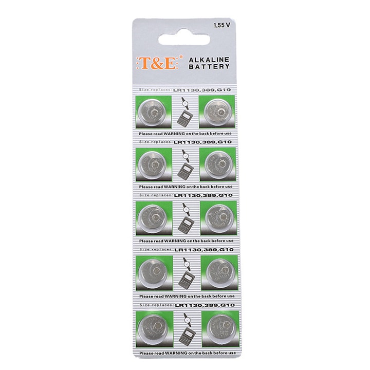 Set of 10 T&E AG10/LR1130/LR54/389 1.55V alkaline batteries, metal, 11.6mm