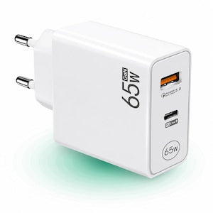 Incarcator Retea Timebox 65W Fast Charge 2 Porturi – USB QC 3.0 si Type-C 33W LED Inteligent Culoare Alba Incarcare Rapida pentru iPhone Samsung Huawei Xiaomi Compact Ideal Priza Acasa si Birou