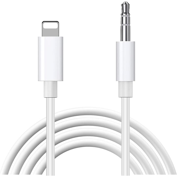 Cablu auxiliar pentru iPhone cu mufa Lightning si jack 3.5 mm pentru auxiliar cablu pentru casti boxa sau autoturism cu auxiliar 1 Metru Alb