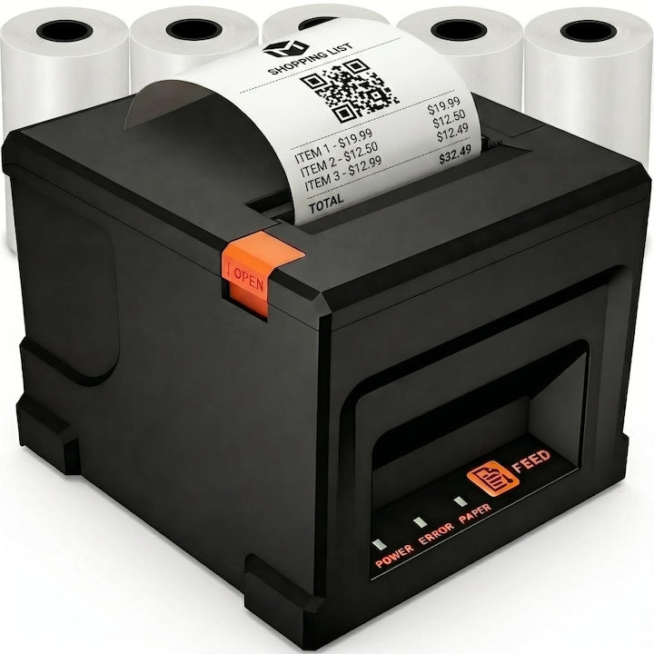 80mm Bluetooth Thermal Receipt Printer, 300mm/s USB POS Printer, ESC/POS Compatible, with 5 Rolls of Paper (15m each, 75m total), for Windows/Mac, Restaurants and Retail