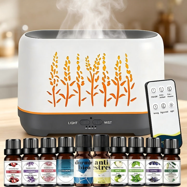 Difuzor de Aroma Difuzor de Uleiuri Esentiale Luminoase LED 240ml 3 Moduri de Vaporizare 4 Temporizari Efect de Flacara cu 10 Uleiuri Esentiale