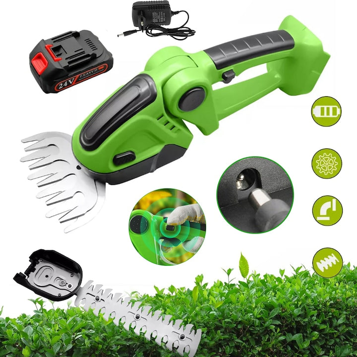 2-in-1 Cordless Hedge Trimmer and Grass Shear, 24V Electric Hedge Trimmer with 1500mAh Li-ion Battery, with 2 Interchangeable Blades, for Trimming and Edging