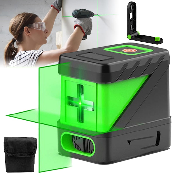 Self-Leveling Green Laser Level 2 Lines Bright Green Beam Horizontal and Vertical Cross Line Laser for Construction Home Decoration Picture Hanging Carry Bag