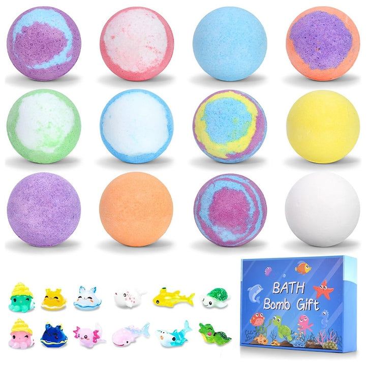 Set 12 bombe de baie efervescente copii Rqiurpn Cu surpriza jucarie 12 Arome Bile de baie organice Cu uleiuri esentiale de sare de mare naturala si unt de shea Hidratante Spuma bogata Pentru relaxare si Ingrijire a pielii Multicolor