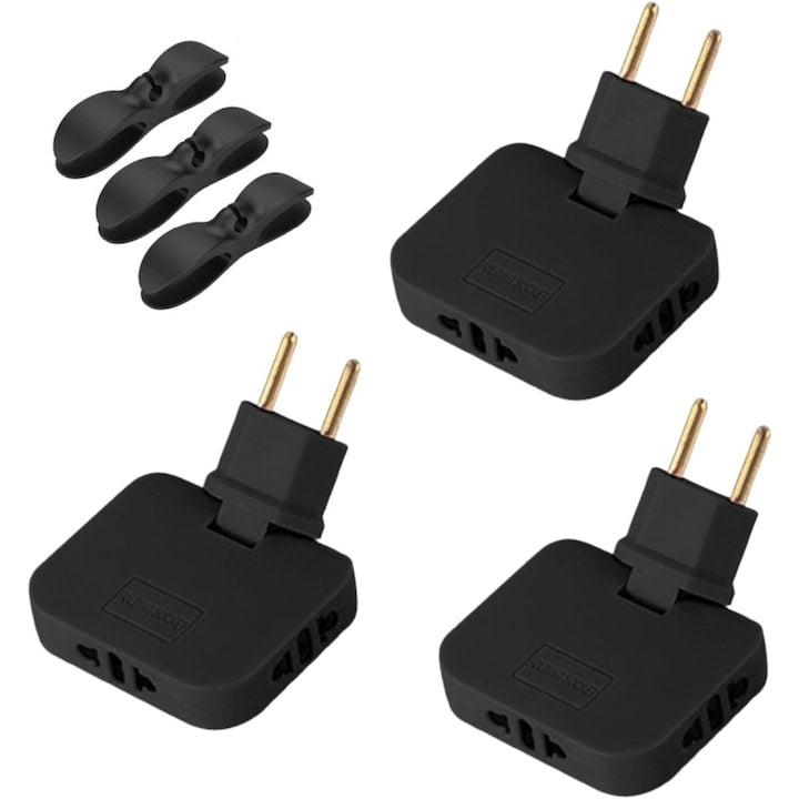 Set 3 adaptor triplu stecher priza cu rotire 180° pentru calatorie si spatii putin accesibile ABS Negru