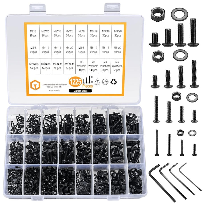 Set 1225 suruburi hexagonale M2 M3 M4 M5 cutie de depozitare transparenta pentru acces usor pentru decoratiuni interioare automobile masini si multe altele Negru