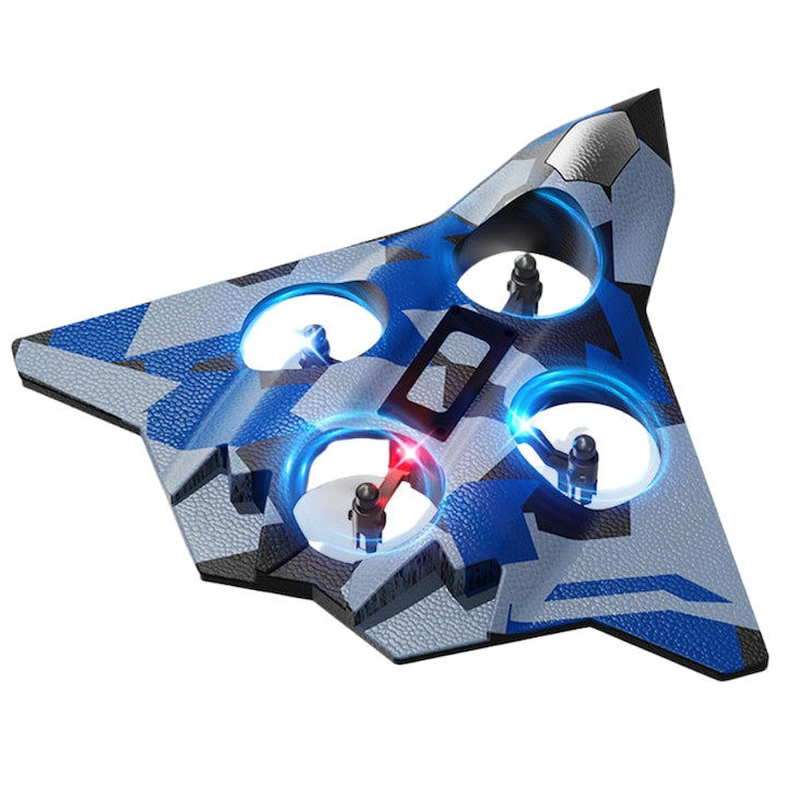 Avion de lupta cu telecomanda Fantasy cu telecomanda si banda luminoasa 2 4Ghz 6 canale raza de zbor de pana la 100 de metri 360° Rezistent la impact incarcare USB autonomie 10 minute potrivit pentru adulti si copii Albastru