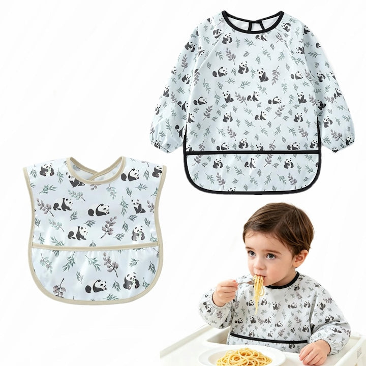Set of 2 Waterproof Bibs (1 Long Sleeve + 1 Sleeveless) With Pocket Soft and Easy to Clean 6-24 Months Cute Panda Prints