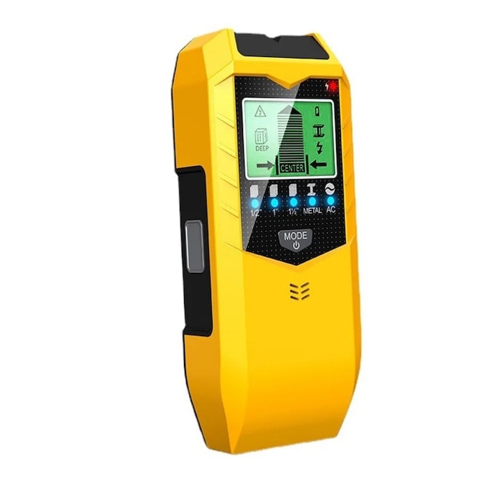 Detector de cablu electric 5 in 1 calibrare automata rezultate precise scaner de perete localizare cabluri electrice metale lemn tevi bara de armare ecran LCD WALALLA galben